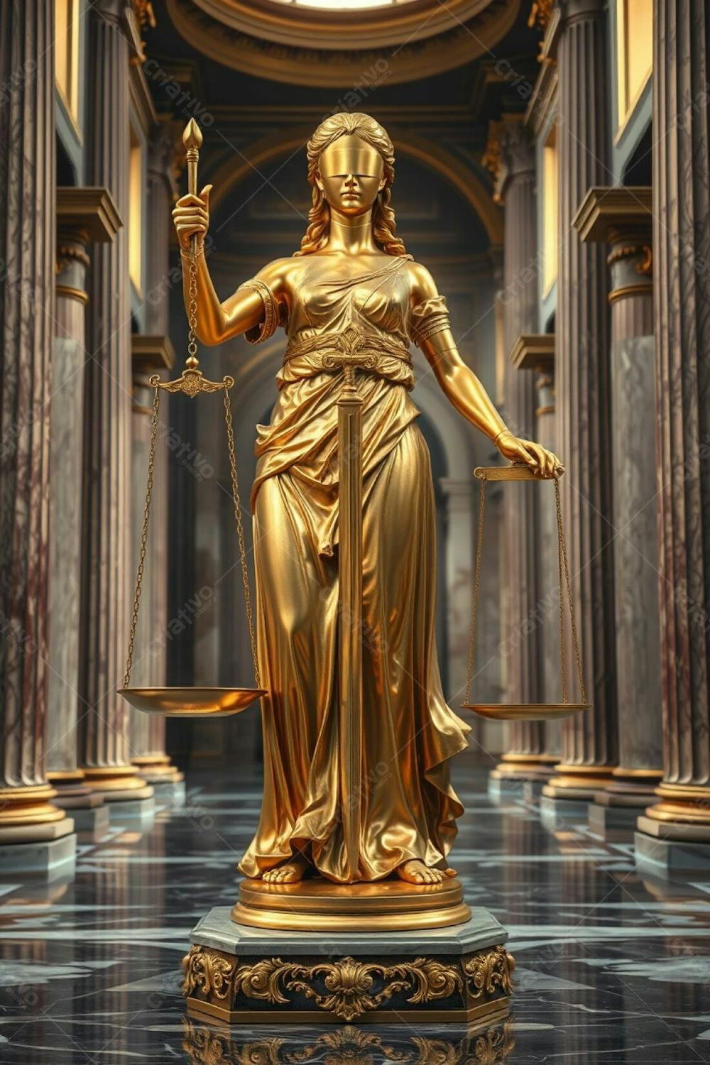 Realistic Image, Highly Detailed A Golden Statue Of Justice In A Grand Hall. The Blindfolded Woman Holds Balanced Scales And A Sword. Intricate Details On Attire And Scales, Polished Radiant Gold