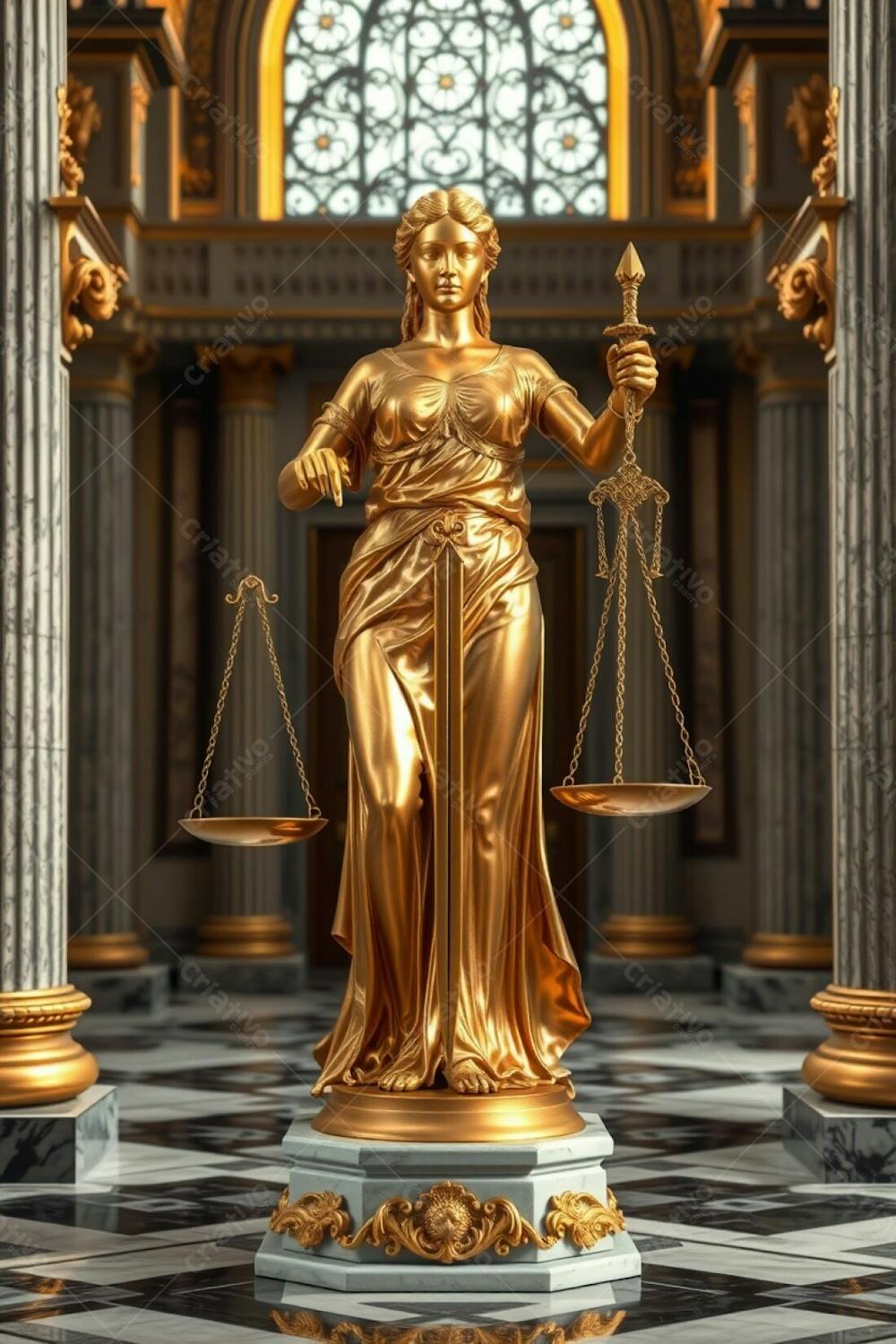 Realistic, Highly Detailed Image Of A Gold Statue Of Justice In A Regal Setting. The Blindfolded Woman Holds Perfectly Balanced Scales And A Sword. Intricate Details On Her Robes And The Scales, A P