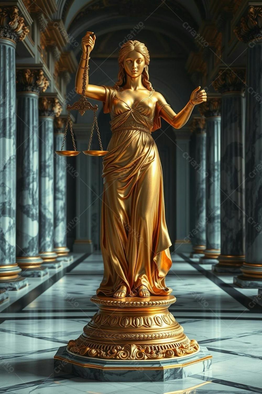 Realistic, Highly Detailed Image Of A Shimmering Gold Statue Of Justice. The Blindfolded Woman, Holding Scales And A Sword, Is Finely Detailed. Ornate Base, Majestic Hall Setting With Marble Floor