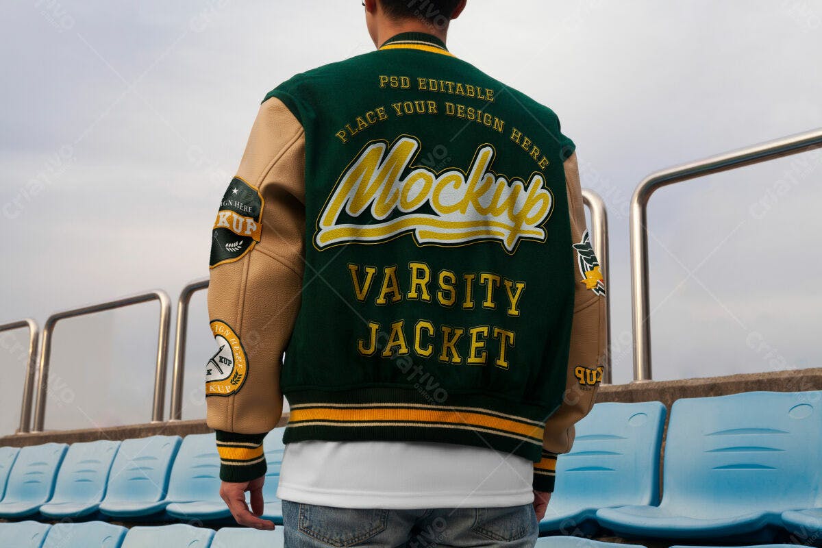 Jaqueta Universitária Verde e Bege PSD Editável