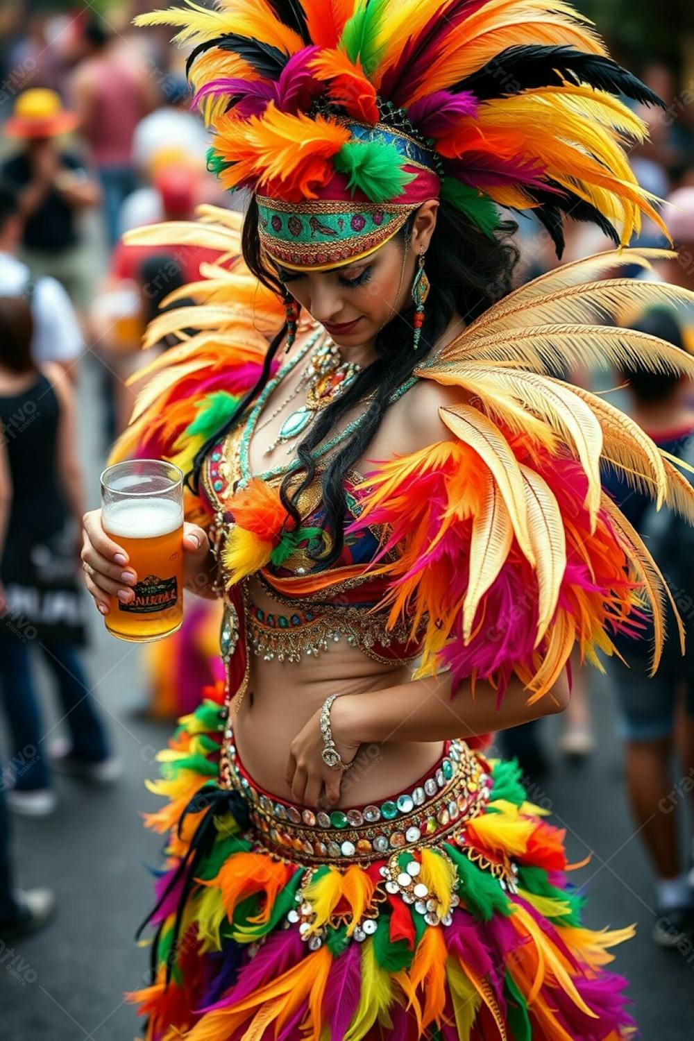 A High Angle, Professionally Shot Image Of A Carnaval Dancer, Her Costume A Vibrant Mix Of Colors, Feathers, And Sequins. She Holds A Beer And Looks Down. The Background Is A Soft Focus Representation Of A Bustling Carnaval Sc