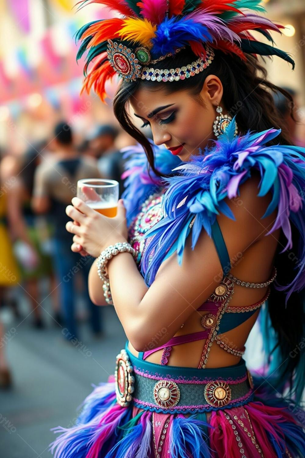 A High Angle, High Resolution Photograph A Carnaval Dancer, Arms Crossed, Looking Down, Holding A Beer. Focus On Her Detailed Costume Rich In Color, Feathers And Sequins. Softly Blurred Festive Background. Commercial, Profess