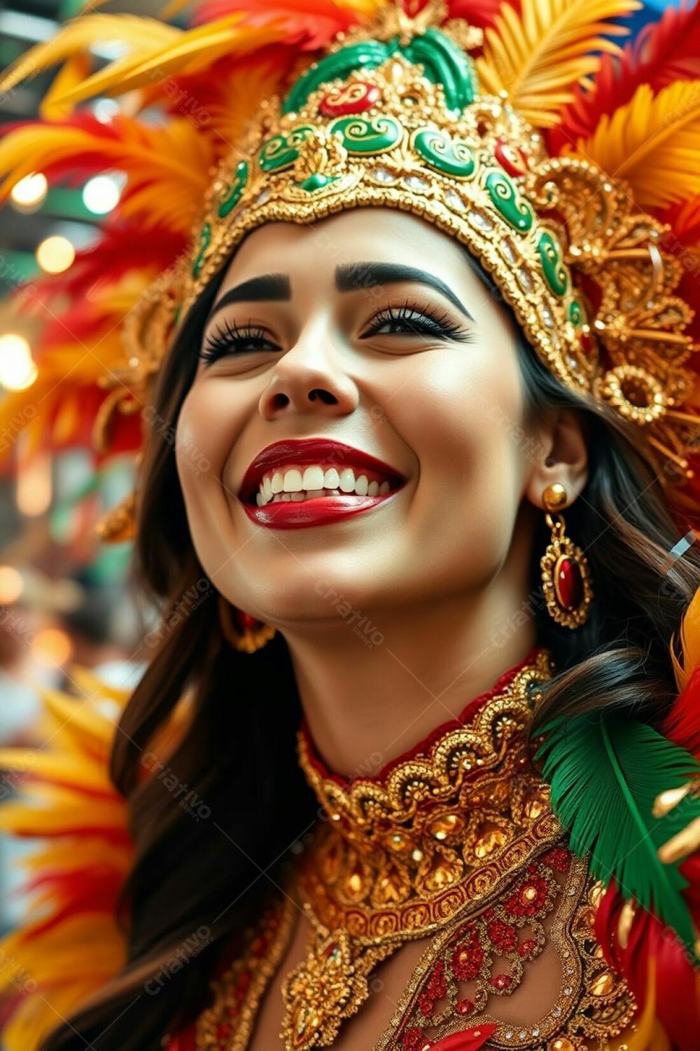 High Angle, Close Up, High Resolution Stock Photo A Woman At Carnaval, Her Face Beaming With Joy. Her Costume Details Gold, Red, And Green Feathers, Shimmering Sequins, Intricate Patterns. The Background Is A Blur Of Celebrat