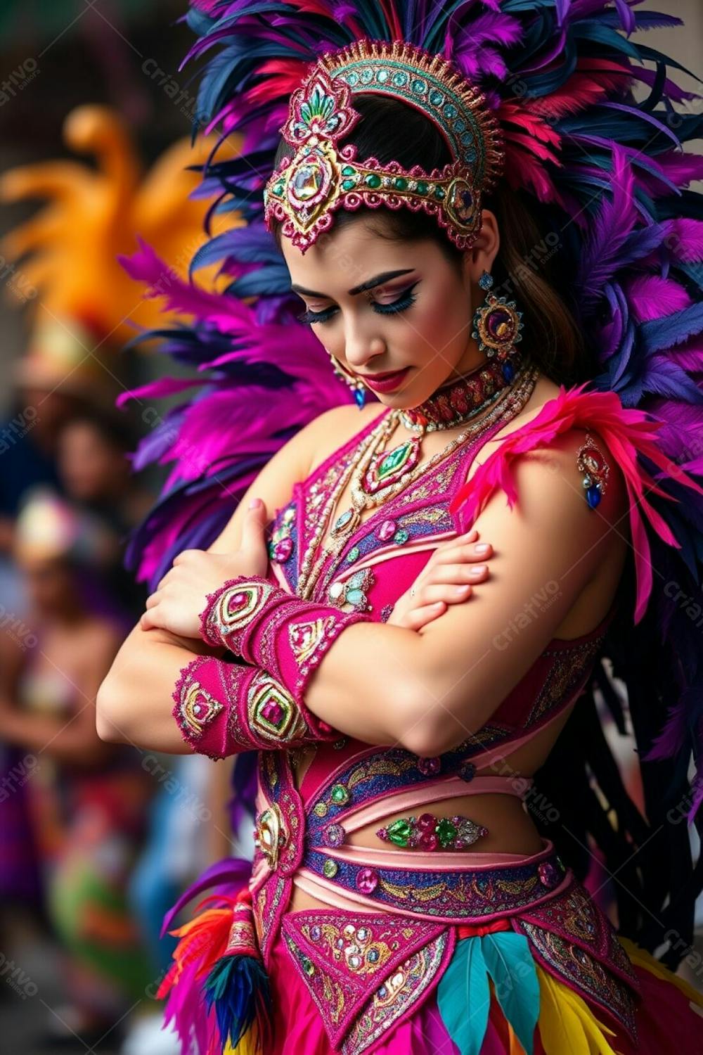 High Angle, High Resolution Photo Of A Carnaval Dancer With Arms Crossed, Looking Down. Intricate Costume Design With Vibrant Colors, Feathers, And Sequins Is Emphasized. The Background Is A Bokeh Of Festive Elements. Commerc