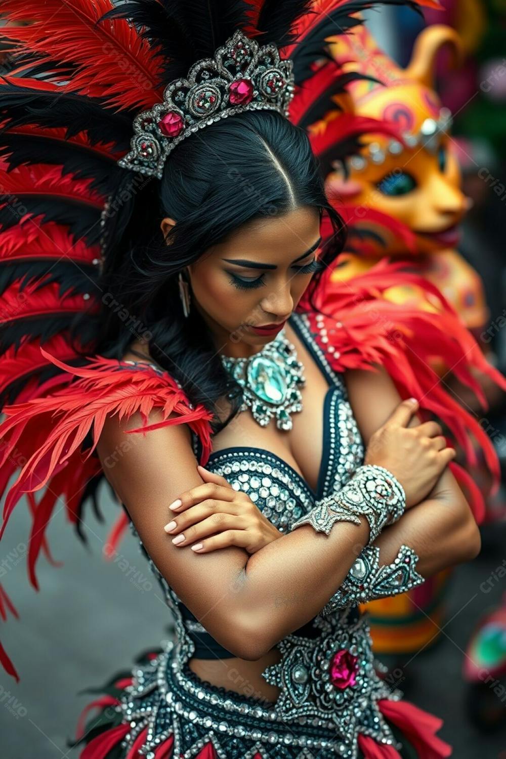 High Angle, High Resolution Photograph Focusing On A Carnaval Dancer&#39;S Costume. The Dancer, With Brown Skin And Dark Hair, Stands With Arms Crossed, Looking Down. The Costume Is Detailed, With Feathers, Sequins, And Bold Color