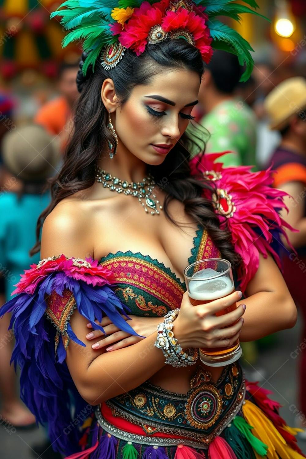 High Angle, High Resolution Photograph Of A Carnaval Dancer, Arms Crossed, Looking Down. Her Costume Features Rich Colors, Feathers, And Sequins. The Background Is Blurred, Showing Festive Elements. She Holds A Beer Glass.