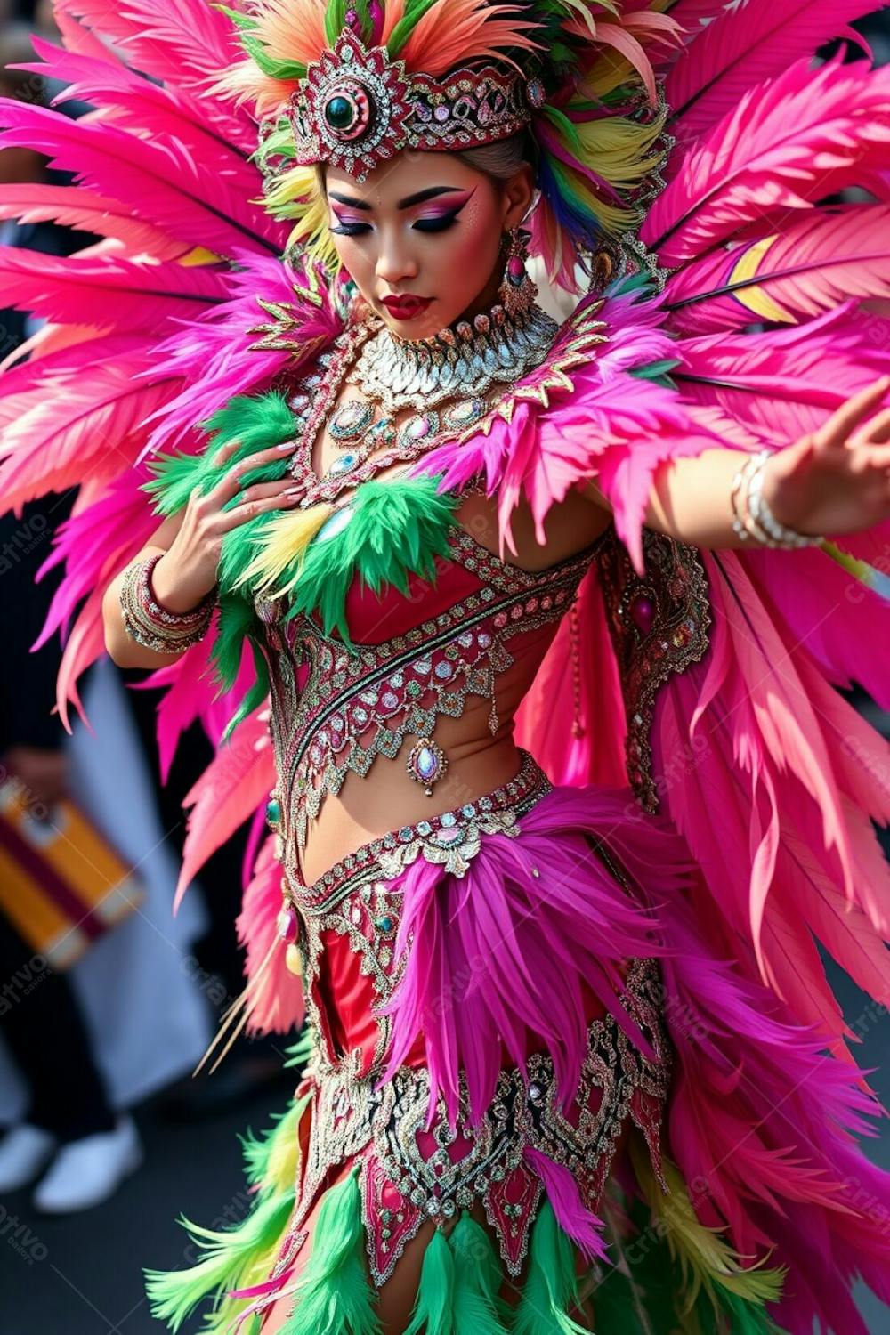 High Angle, High Resolution Stock Photo Of A Carnaval Dancer. The Dancer&#39;S Costume Is Detailed, With Vibrant Colors, Feathers, And Sequins. The Background Is Softly Blurred, Emphasizing The Dancer&#39;S Posture And Attire. Commerc