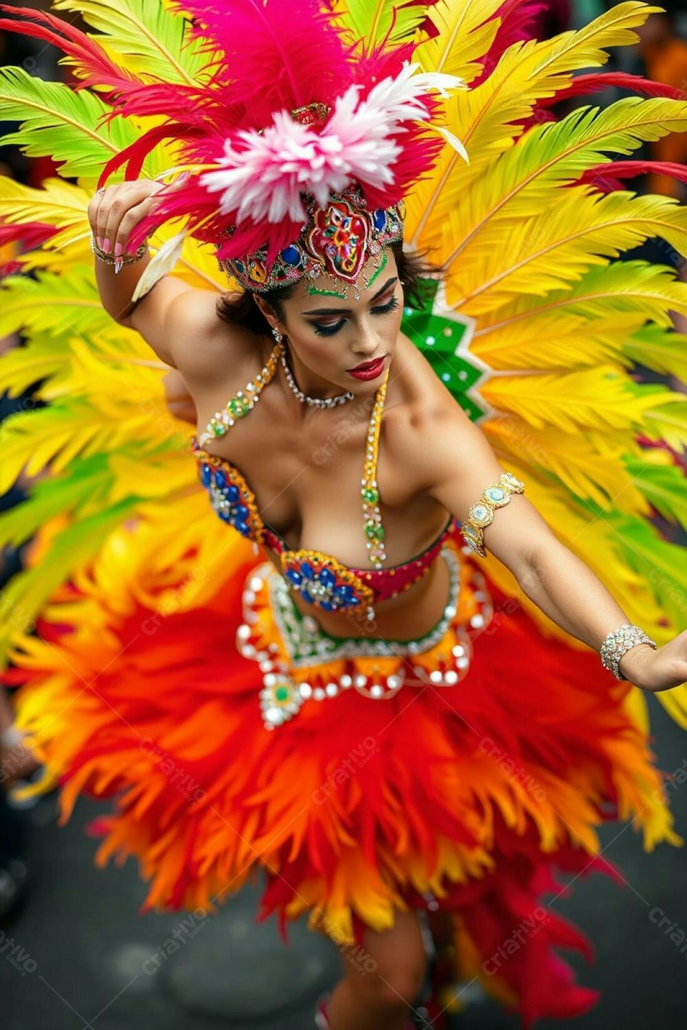 High Resolution Image A Carnaval Dancer Viewed From Above. The Dancer&#39;S Posture And Richly Colored, Sequined Costume Are Emphasized. Feathers And Bright Colors Dominate The Design. The Background Is Artistically Blurred, Sugge