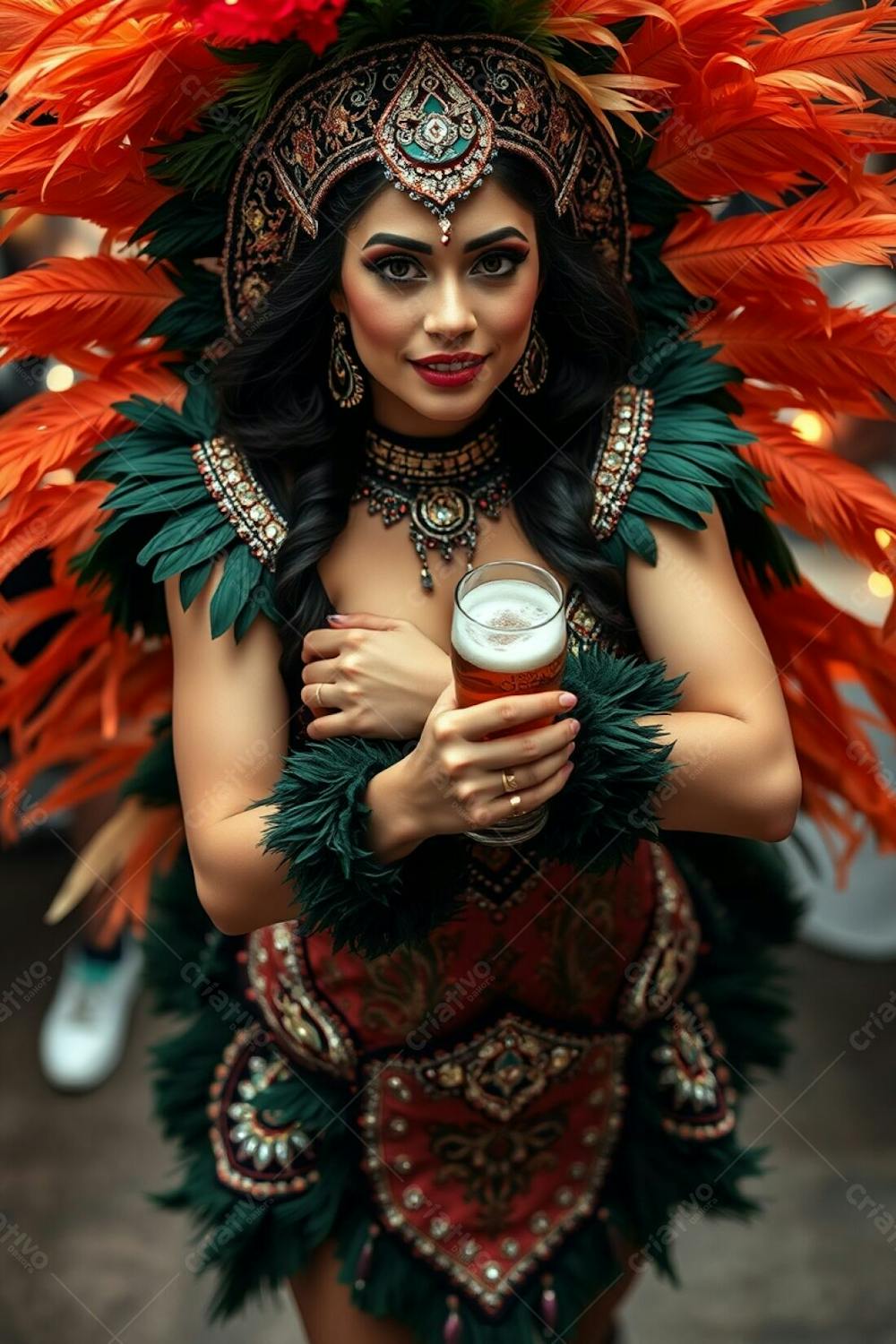 High Resolution Image A Carnaval Dancer, Viewed From Above, Arms Folded Across Her Chest, Holding A Beer. Her Costume Is Richly Detailed With Feathers And Sequins. The Background Is Blurred, Suggesting A Festive Atmosphere. Th