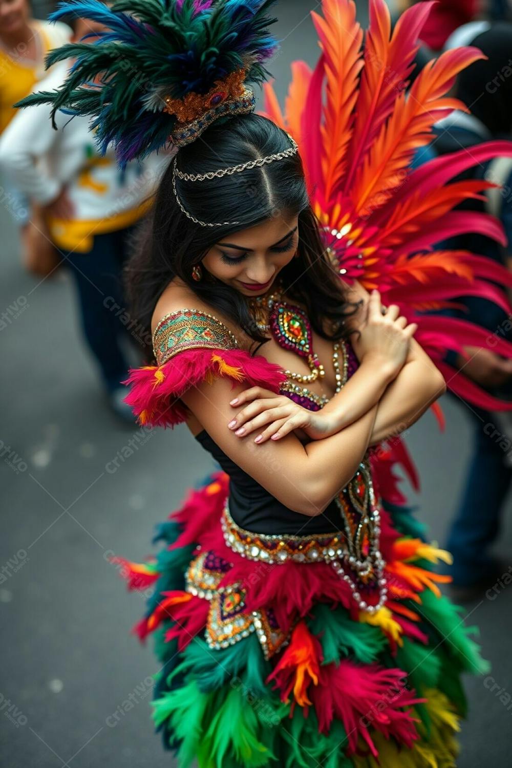 High Resolution Image High Angle Perspective Of A Carnaval Dancer. The Dancer, With Dark Hair And Warm Skin Tone, Stands With Arms Folded, Looking Down. Her Costume Is The Focal Point, Richly Adorned With Feathers And Sequins