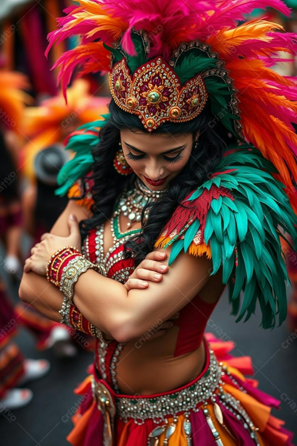 High Resolution Image, High Angle Perspective A Carnaval Dancer With Arms Crossed, Looking Down. Costume Details Rich Colors, Feathers, Sequins. Background Blurred Festive Scene. Professional, Commercial Quality Image