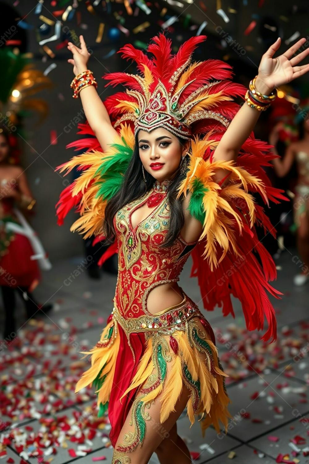 High Resolution Photo High Angle Perspective. A Woman In A Detailed Carnaval Costume, Rich In Gold, Red, And Green. Feathers, Sequins, Intricate Patterns. She Poses With Dynamic Energy, Arms Raised, Against A Backdrop Of Blu