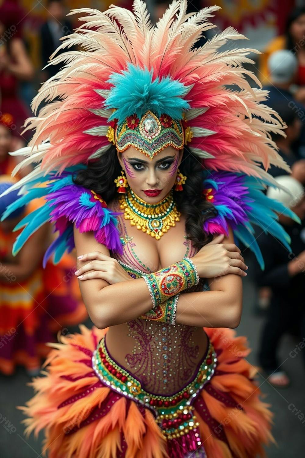 High Resolution Photograph High Angle View Of A Carnaval Dancer With Her Arms Crossed. The Focus Is On Her Posture And The Elaborate Design Of Her Costume; Rich Colors, Feathers And Sequins. The Background Is A Defocused