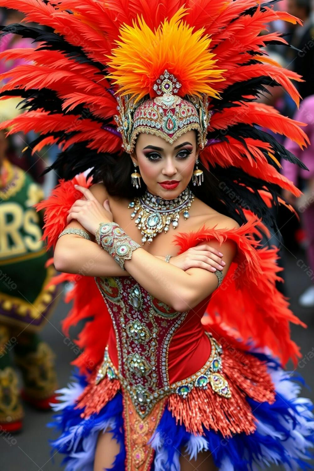 High Resolution Photograph High Angle View Of A Carnaval Dancer With Her Arms Crossed. The Focus Is On Her Posture And The Elaborate Design Of Her Costume; Rich Colors, Feathers And Sequins. The Background Is A Defocused