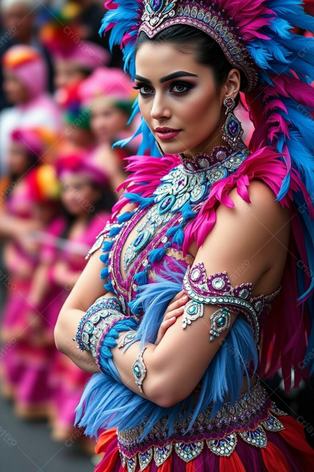 High Resolution Photograph High Angle View Of A Carnaval Dancer With Her Arms Crossed. The Focus Is On Her Posture And The Elaborate Design Of Her Costume; Rich Colors, Feathers And Sequins. The Background Is A Defocused