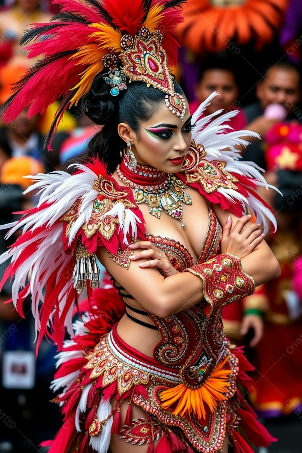 High Resolution Photograph High Angle View Of A Carnaval Dancer With Her Arms Crossed. The Focus Is On Her Posture And The Elaborate Design Of Her Costume; Rich Colors, Feathers And Sequins. The Background Is A Defocused