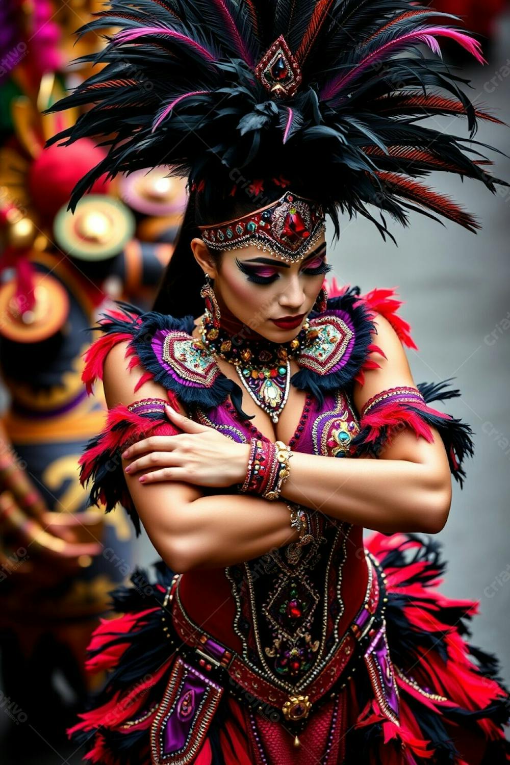 High Resolution Photograph High Angle View Of A Carnaval Dancer With Her Arms Crossed. The Focus Is On Her Posture And The Elaborate Design Of Her Costume; Rich Colors, Feathers And Sequins. The Background Is A Defocused