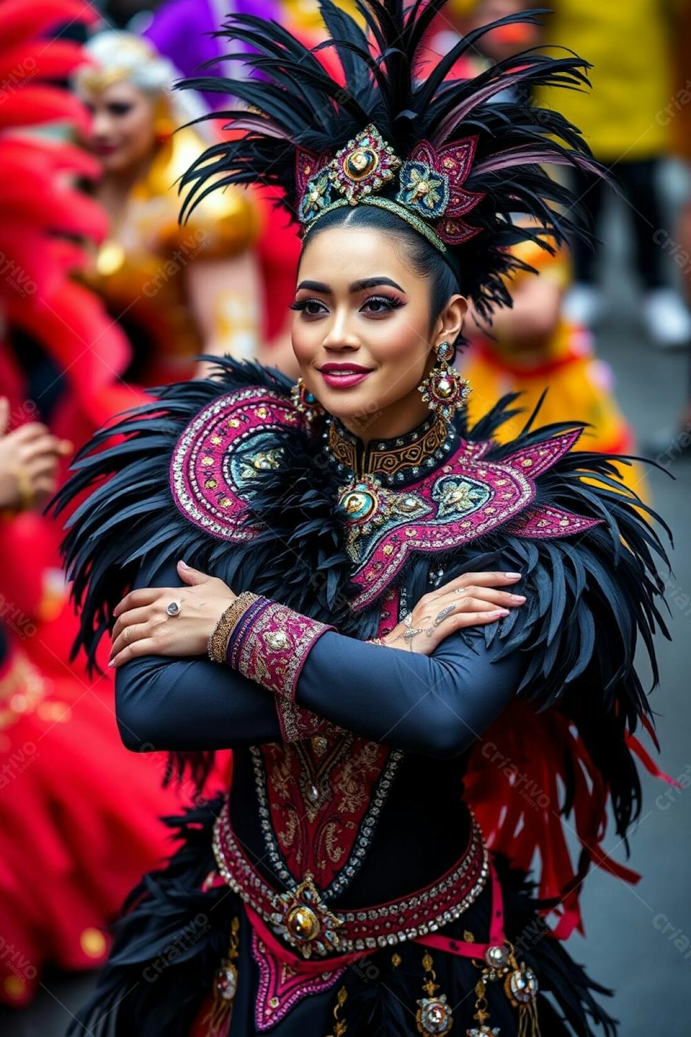 High Resolution Photograph High Angle View Of A Carnaval Dancer With Her Arms Crossed. The Focus Is On Her Posture And The Elaborate Design Of Her Costume; Rich Colors, Feathers And Sequins. The Background Is A Defocused