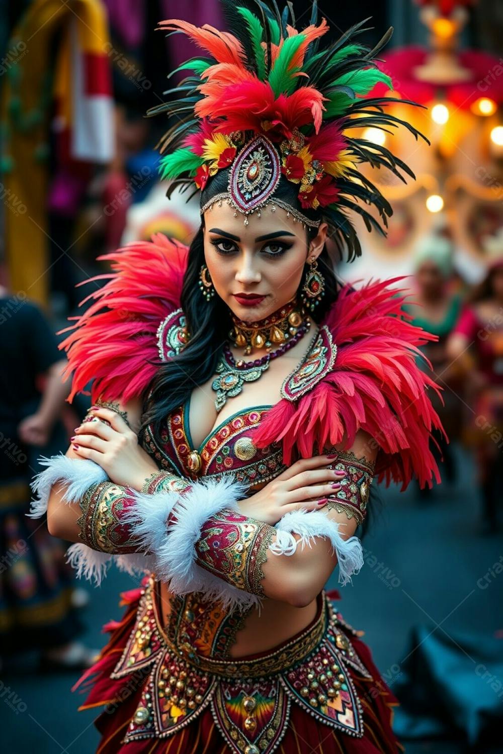 High Resolution Photograph High Angle View Of A Carnaval Dancer With Her Arms Crossed. The Focus Is On Her Posture And The Elaborate Design Of Her Costume; Rich Colors, Feathers And Sequins. The Background Is A Defocused