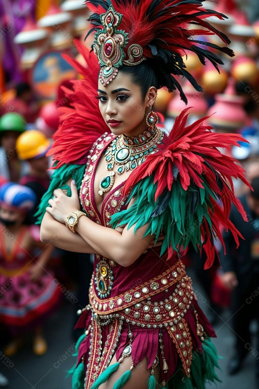 High Resolution Photograph High Angle View Of A Carnaval Dancer With Her Arms Crossed. The Focus Is On Her Posture And The Elaborate Design Of Her Costume; Rich Colors, Feathers And Sequins. The Background Is A Defocused