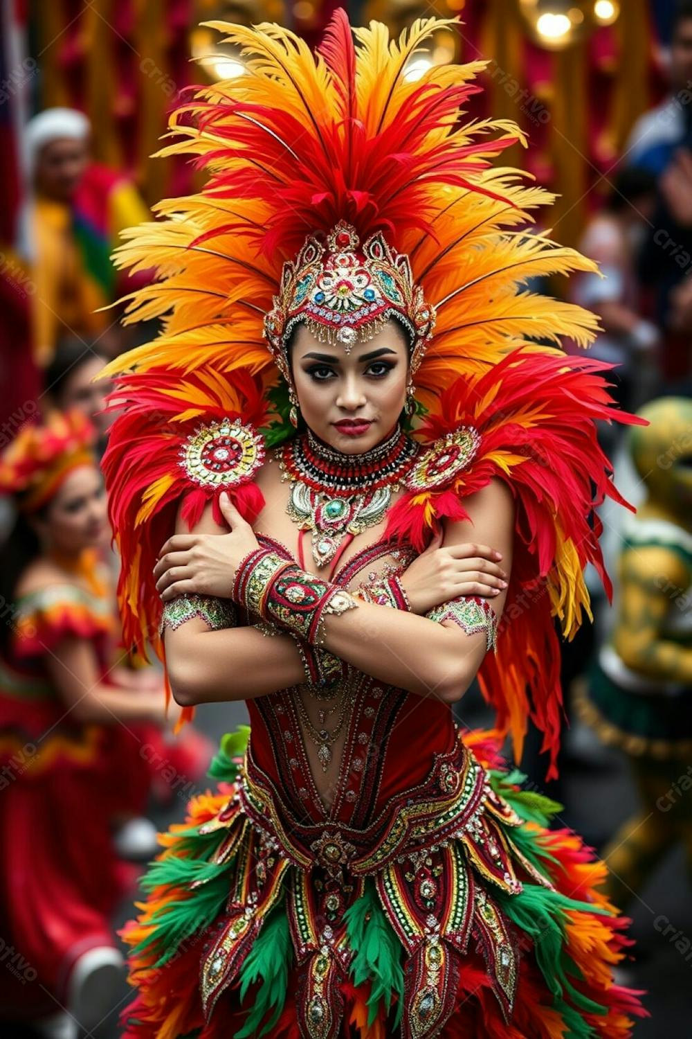 High Resolution Photograph High Angle View Of A Carnaval Dancer With Her Arms Crossed. The Focus Is On Her Posture And The Elaborate Design Of Her Costume; Rich Colors, Feathers And Sequins. The Background Is A Defocused