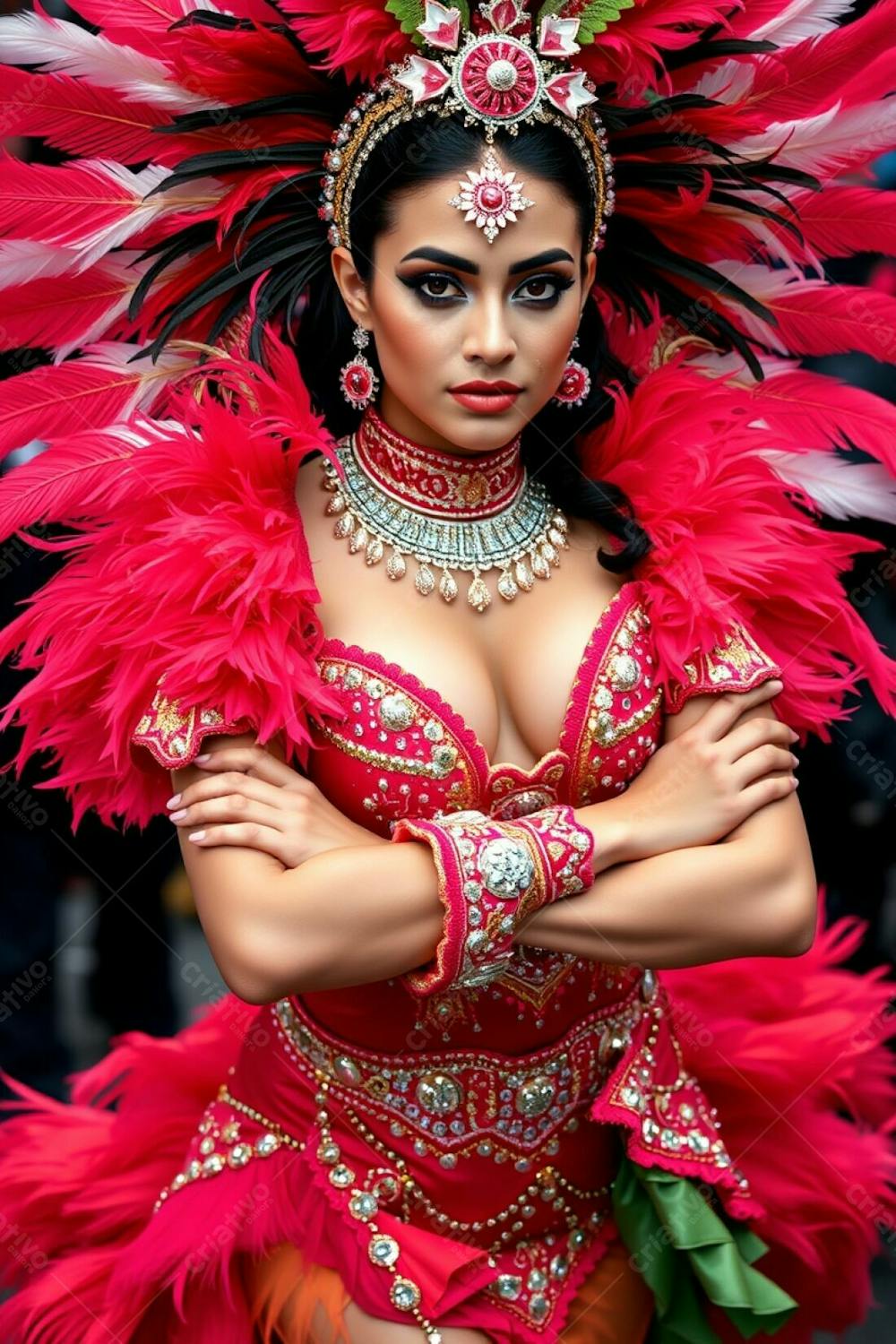 High Resolution Photograph High Angle View Of A Carnaval Dancer With Her Arms Crossed. The Focus Is On Her Posture And The Elaborate Design Of Her Costume; Rich Colors, Feathers And Sequins. The Background Is A Defocused