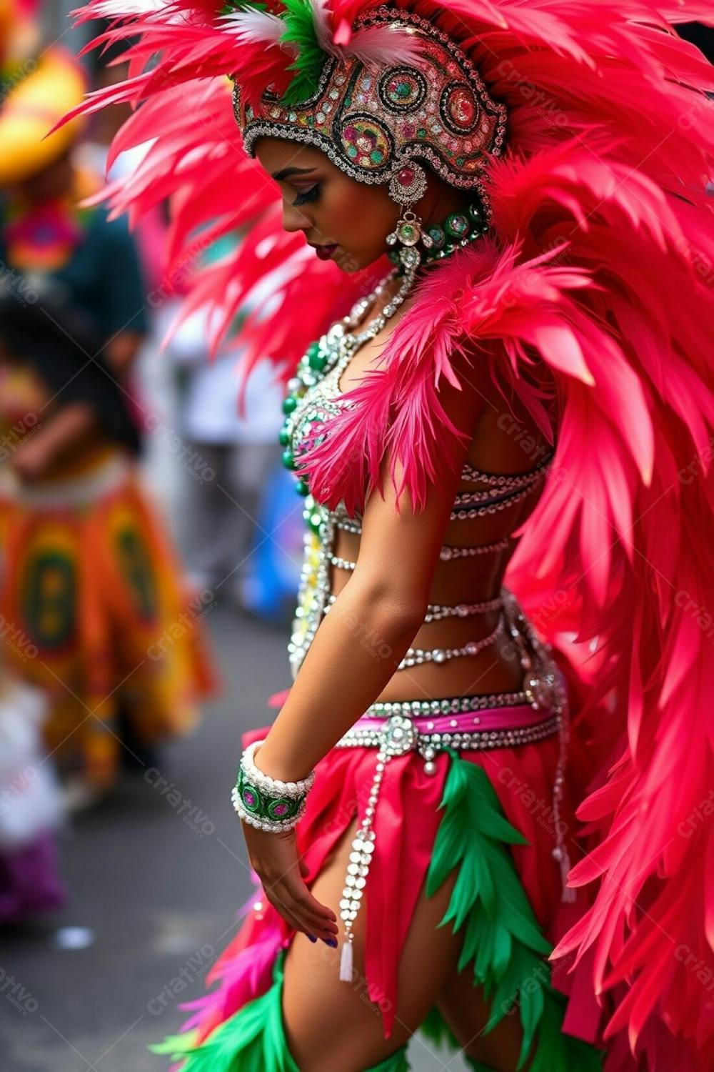 High Resolution Photograph Depicting A High Angle Perspective Of A Carnaval Dancer. The Dancer&#39;S Posture And Richly Colored Costume With Feathers And Sequins Are In Sharp Focus. The Background Is Blurred, Showing Festive Eleme