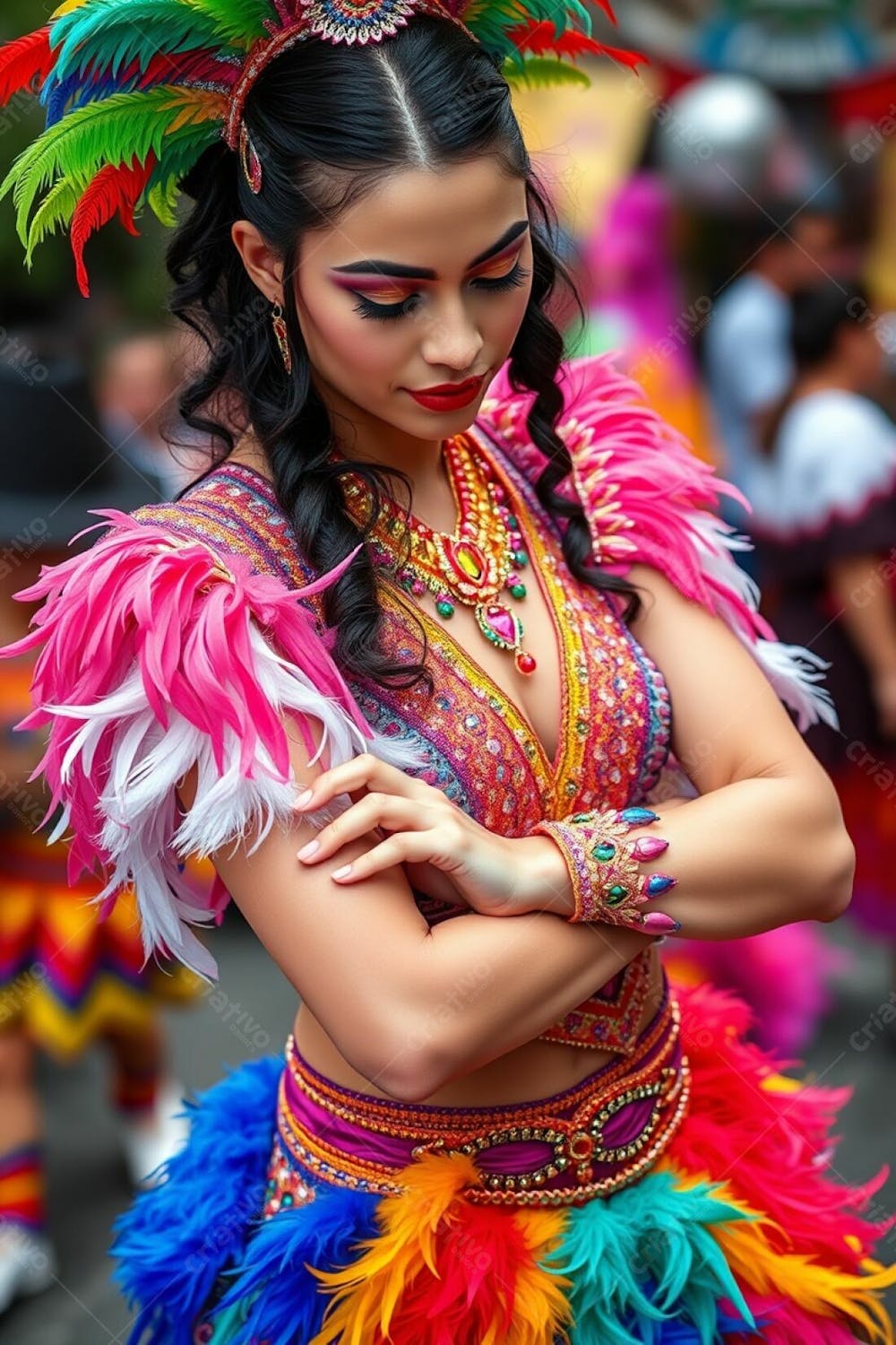 High Resolution Photograph Depicting A High Angle View Of A Carnaval Dancer, Arms Crossed, Gaze Downward. Costume Features Vibrant Colors, Feathers, And Sequins. Background Is A Blurred Festive Scene. Professional, Commercial