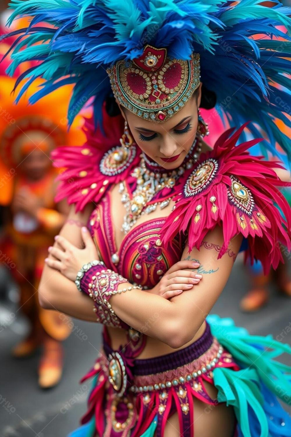 High Resolution Photograph, High Angle View Of A Carnaval Dancer With Arms Crossed, Looking Down. Focus On Posture And Elaborate Costume Featuring Rich Colors, Feathers, And Sequins. Defocused Festive Background. Professional