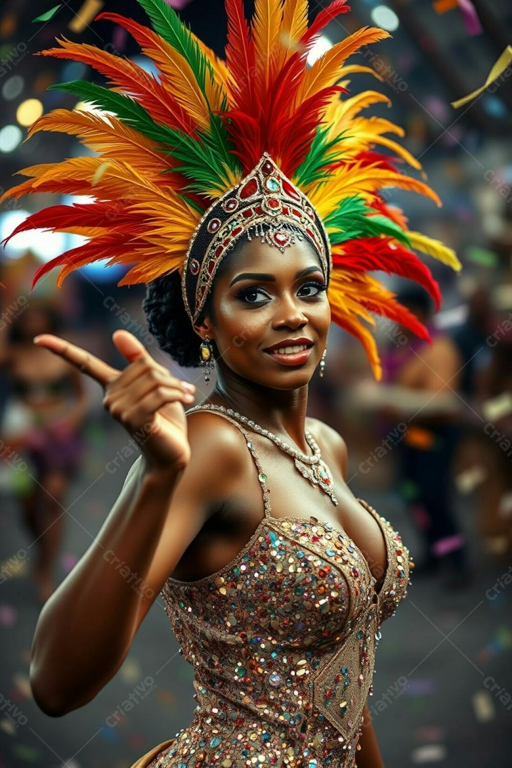 High Resolution Stock Photo A Captivating Image Of A Woman With Dark Skin And Elegant Features During Carnaval. Her Costume Features A Vibrant Feathered Headdress In Gold, Red And Green, And A Shimmering Sequined Dress. Her P