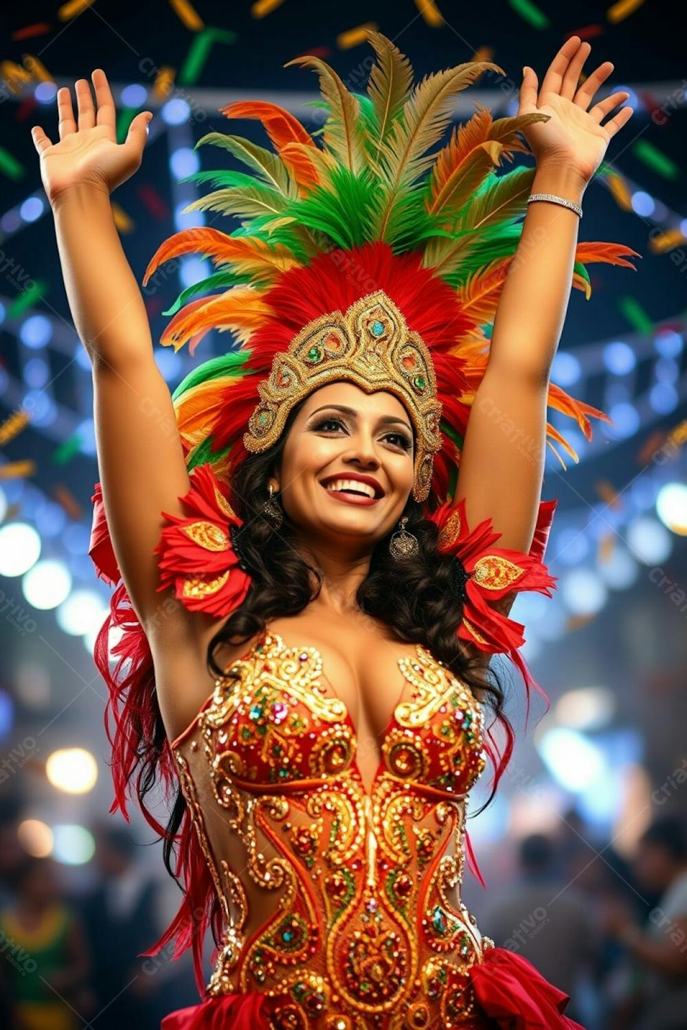 High Resolution Stock Photo A Captivating Image Of A Woman With Olive Skin, Celebrating Carnaval. She Wears An Elaborate Sequined Costume With Intricate Patterns And A Large Feathered Headdress In Shades Of Gold, Red, And Gree