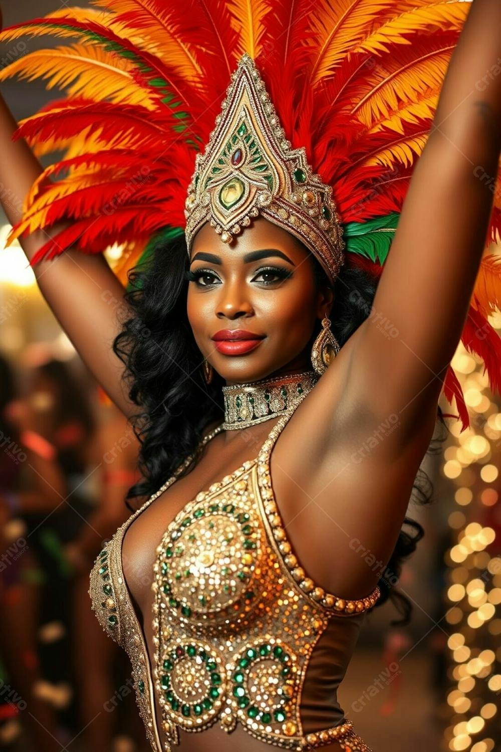 High Resolution Stock Photo A Dark Skinned Woman With Refined Features, Elegantly Posed At Carnaval, Arms Raised. Her Costume A Dazzling Feathered Headdress In Gold, Red, And Green, A Shimmering Sequined Outfit. The Backgroun