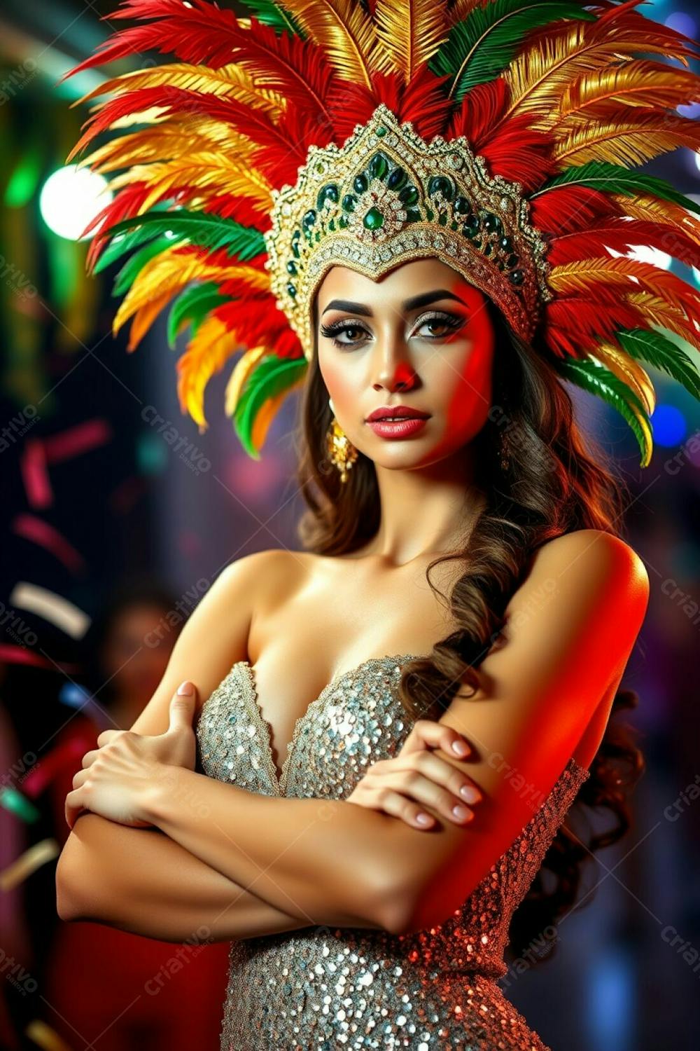 High Resolution Stock Photo A Graceful Woman With Elegant Features And Tan Skin, Celebrates Carnaval With Arms Crossed. She Wears A Dazzling Gold, Red, And Green Feathered Headdress And A Shimmering Sequined Outfit. The Backg