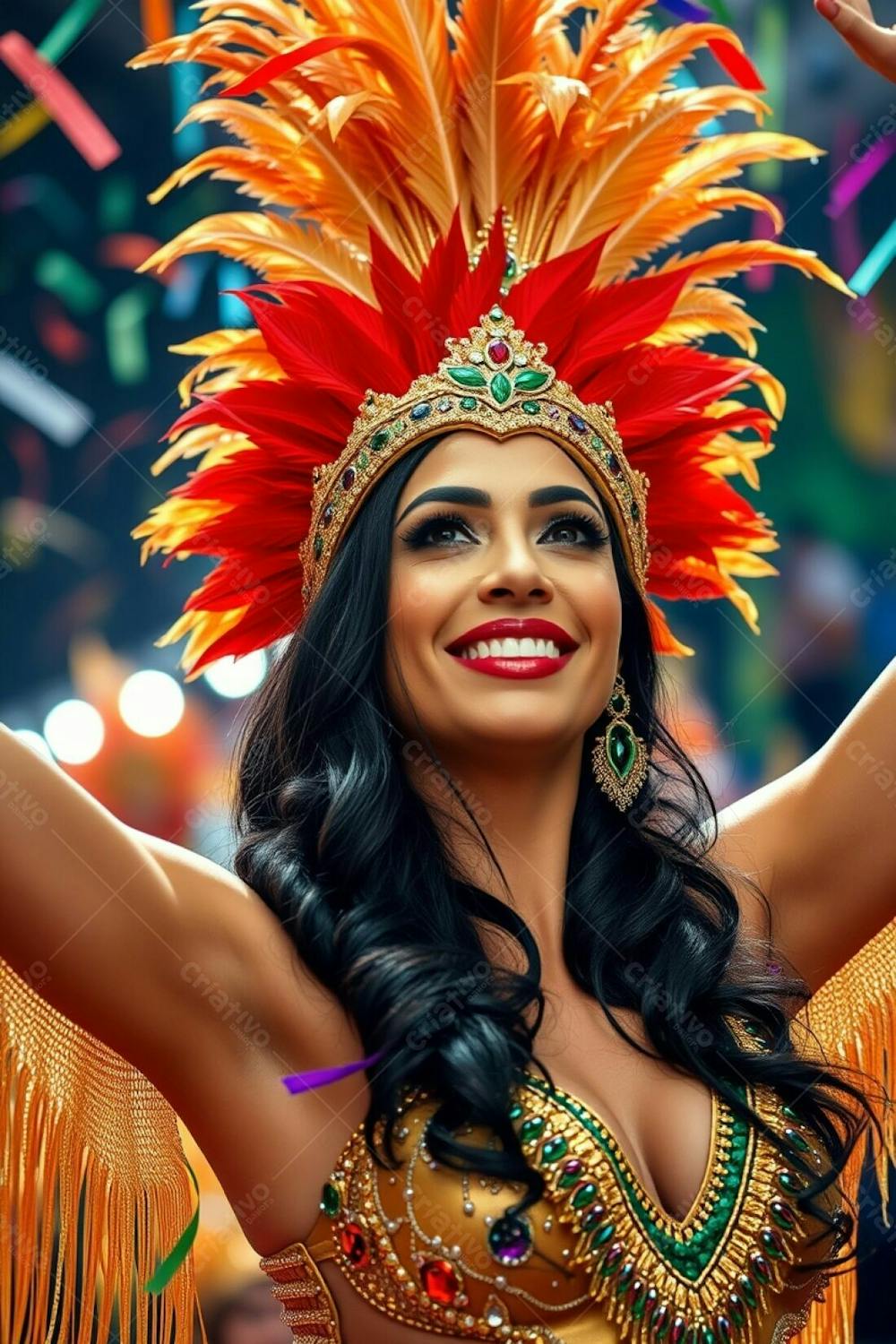 High Resolution Stock Photo A Graceful, Elegant Woman With Refined Features, Dark Hair, And Tan Skin, In A Gold, Red, And Green Feathered Headdress And Sequined Carnaval Costume, Sambas With Arms Raised. Radiant Smile, Vibran