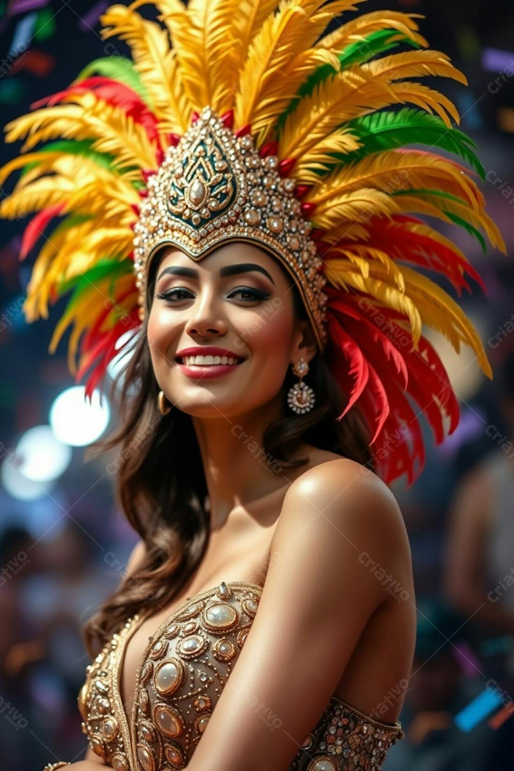 High Resolution Stock Photo A Gracefully Posed Woman With Elegant Features And Tan Skin, Joyfully Celebrates Carnaval. Her Elaborate Costume Includes A Dazzling Feathered Headdress In Gold, Red, And Green, And A Shimmering Seq