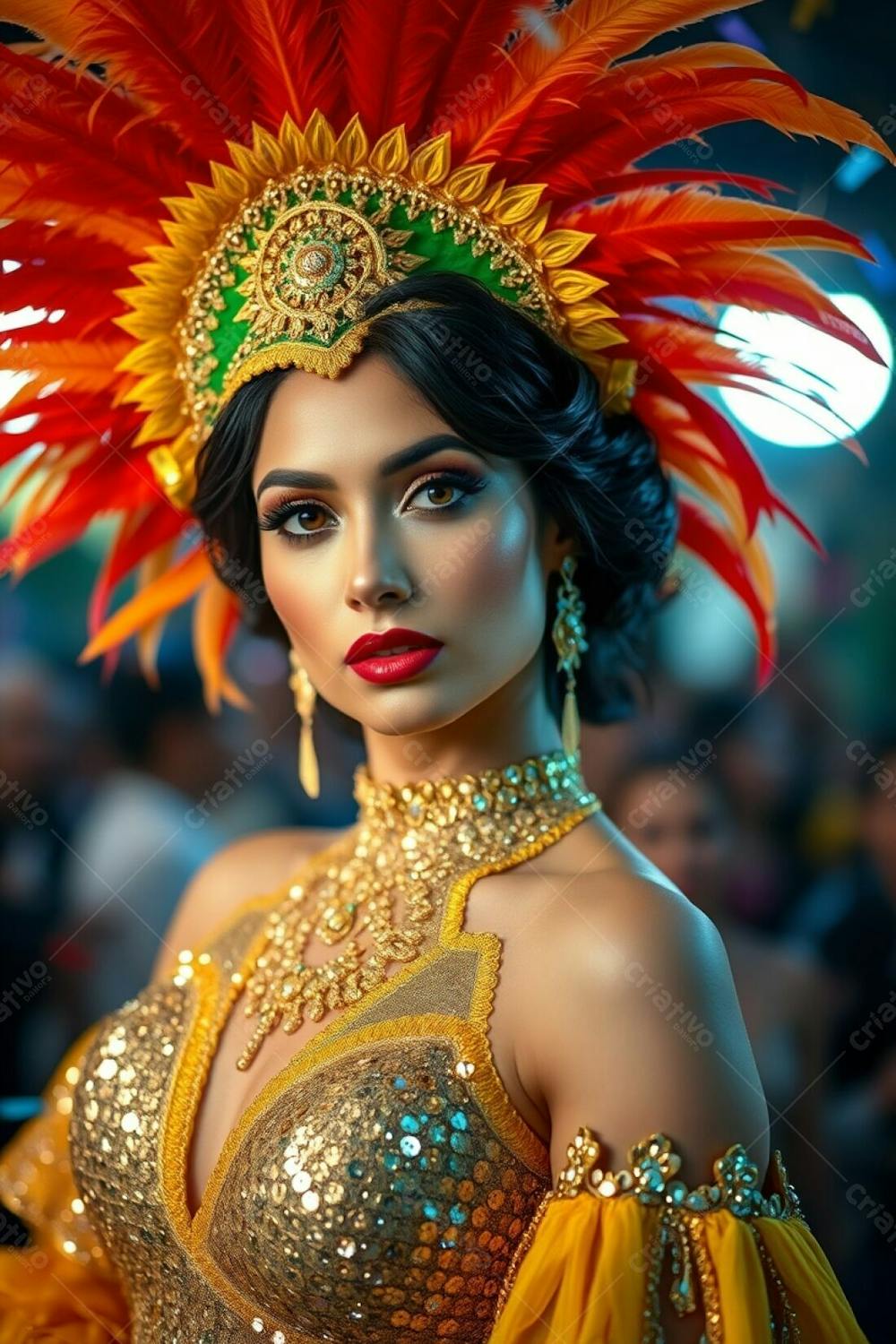 High Resolution Stock Photo A Portrait Of A Woman With Elegant Features, In A Vibrant Carnaval Costume. The Costume Includes A Large Feathered Headdress In Gold, Red And Green, And A Shimmering Sequined Dress. Background Is