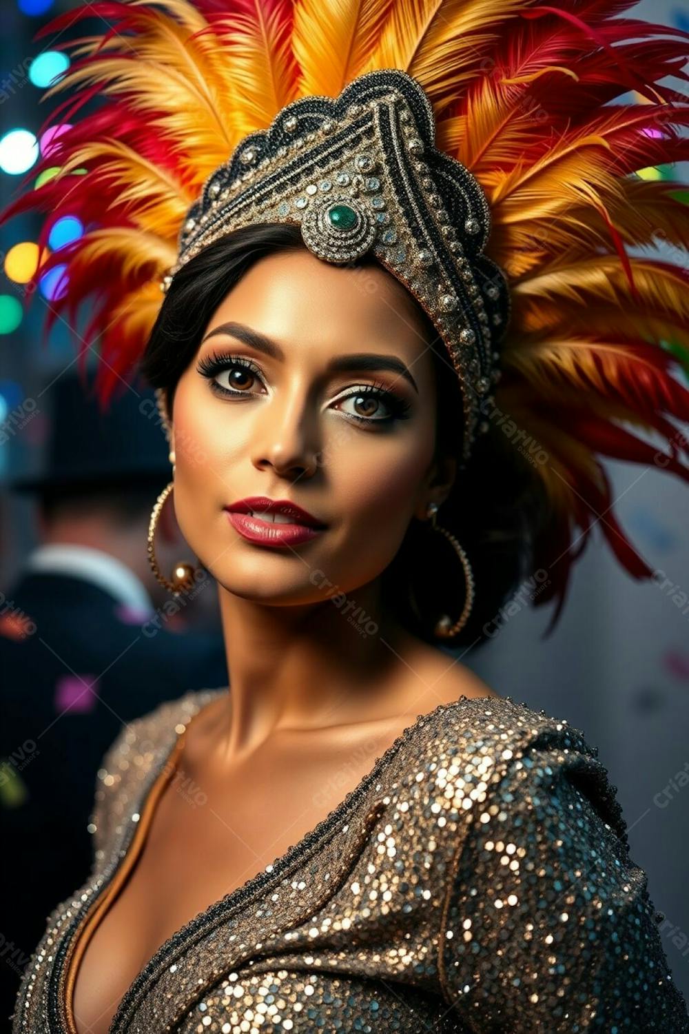 High Resolution Stock Photo A Portrait Of A Woman With Refined Features, Celebrating Carnaval. She Wears A Stunning Feathered Headdress With Gold, Red, And Green Hues And A Glittering Sequined Outfit. The Background Subtly Fe