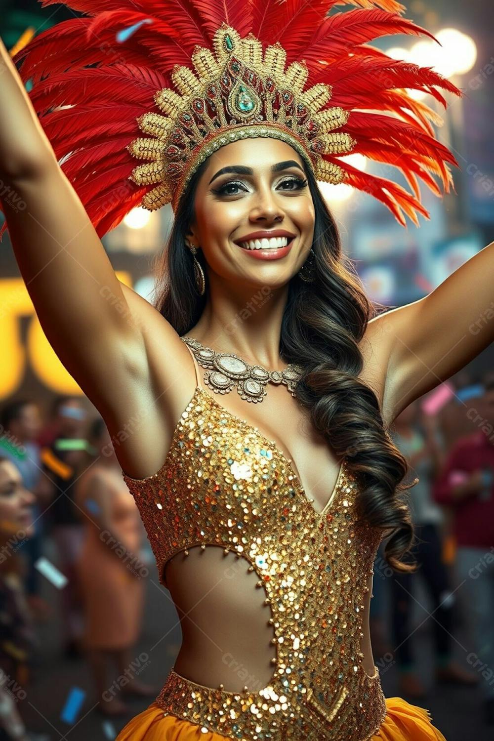 High Resolution Stock Photo A Professionally Styled Image A Woman With Graceful Features And Light Brown Skin Celebrates Carnaval. Her Costume Is A Dazzling Feathered Headdress And A Sparkling Sequined Outfit In Shades Of Gol