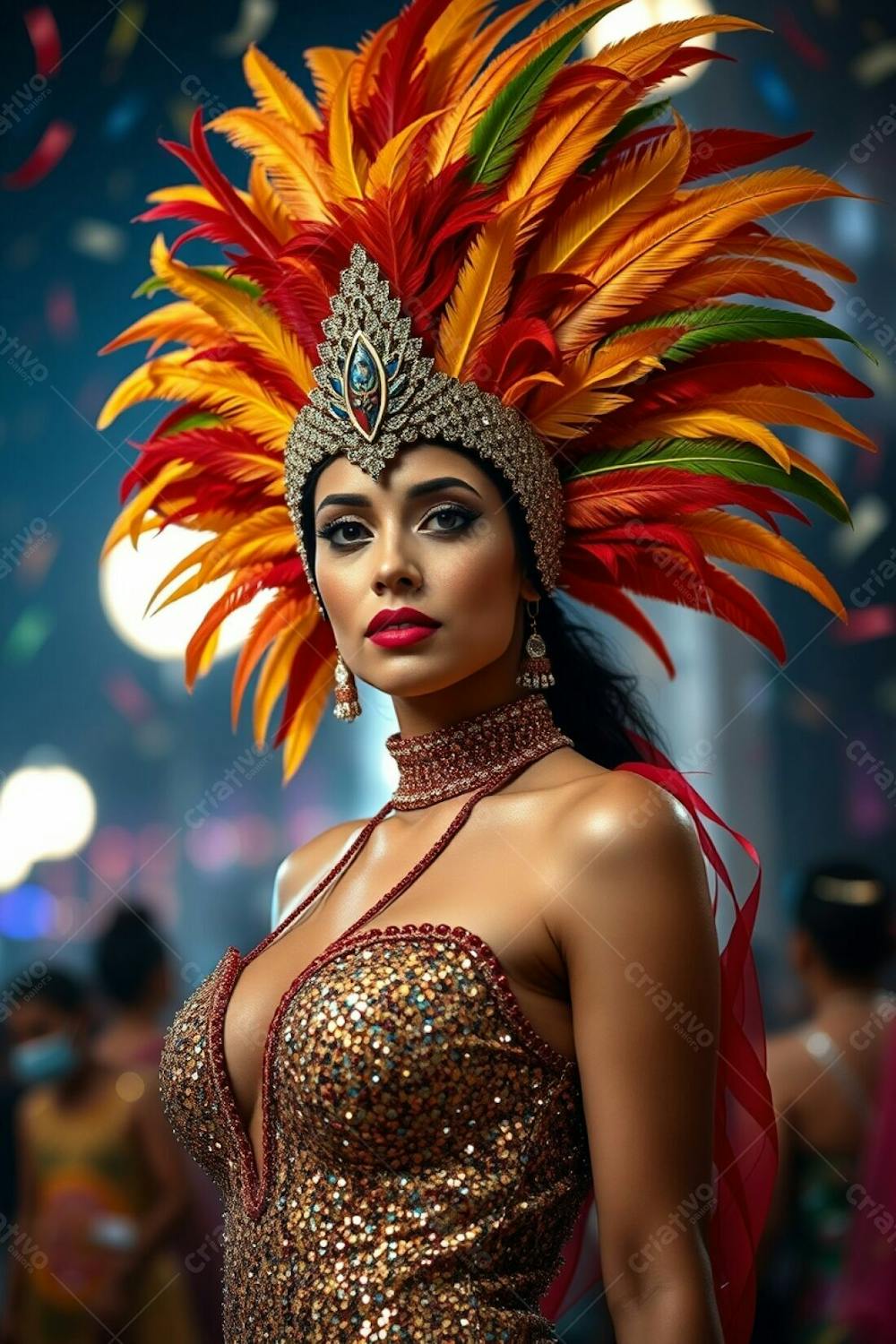 High Resolution Stock Photo A Single Woman, Elegant Features And Tan Skin, Celebrates Carnaval In A Vibrant Costume. A Large Feathered Headdress In Shades Of Gold, Red, And Green, Paired With A Glittering Sequined Outfit. Bl