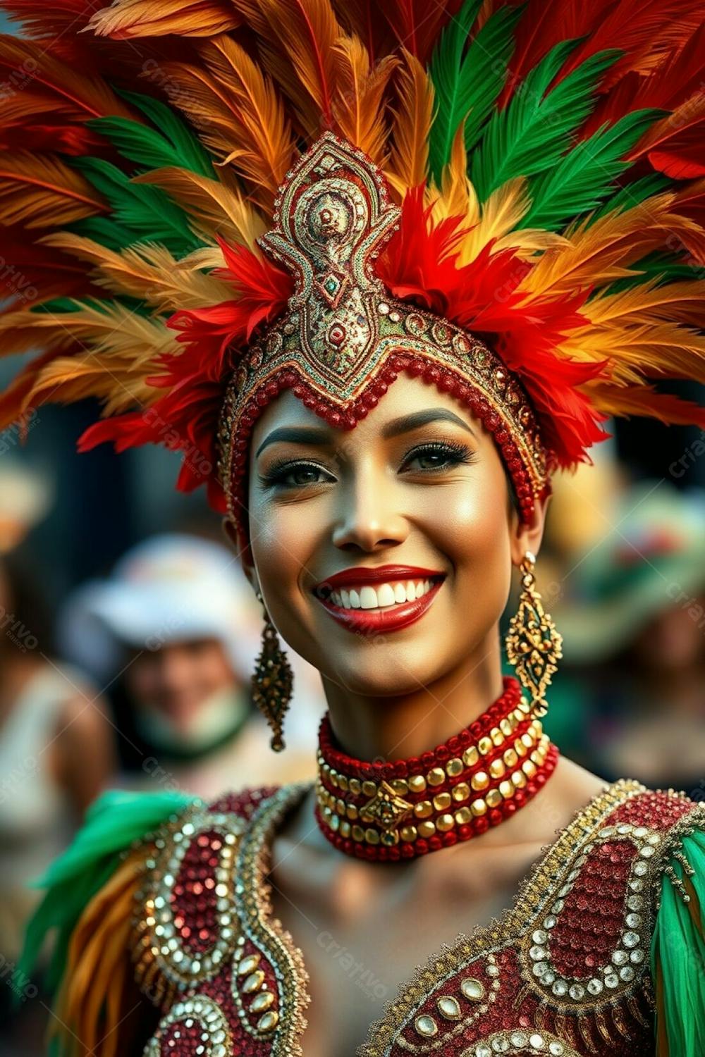 High Resolution Stock Photo A Smiling Woman With Warm Undertones To Her Skin And Elegant Facial Features Celebrates Carnaval. Her Costume Includes A Majestic Feathered Headdress In Shades Of Gold, Red, And Green, And A Richly