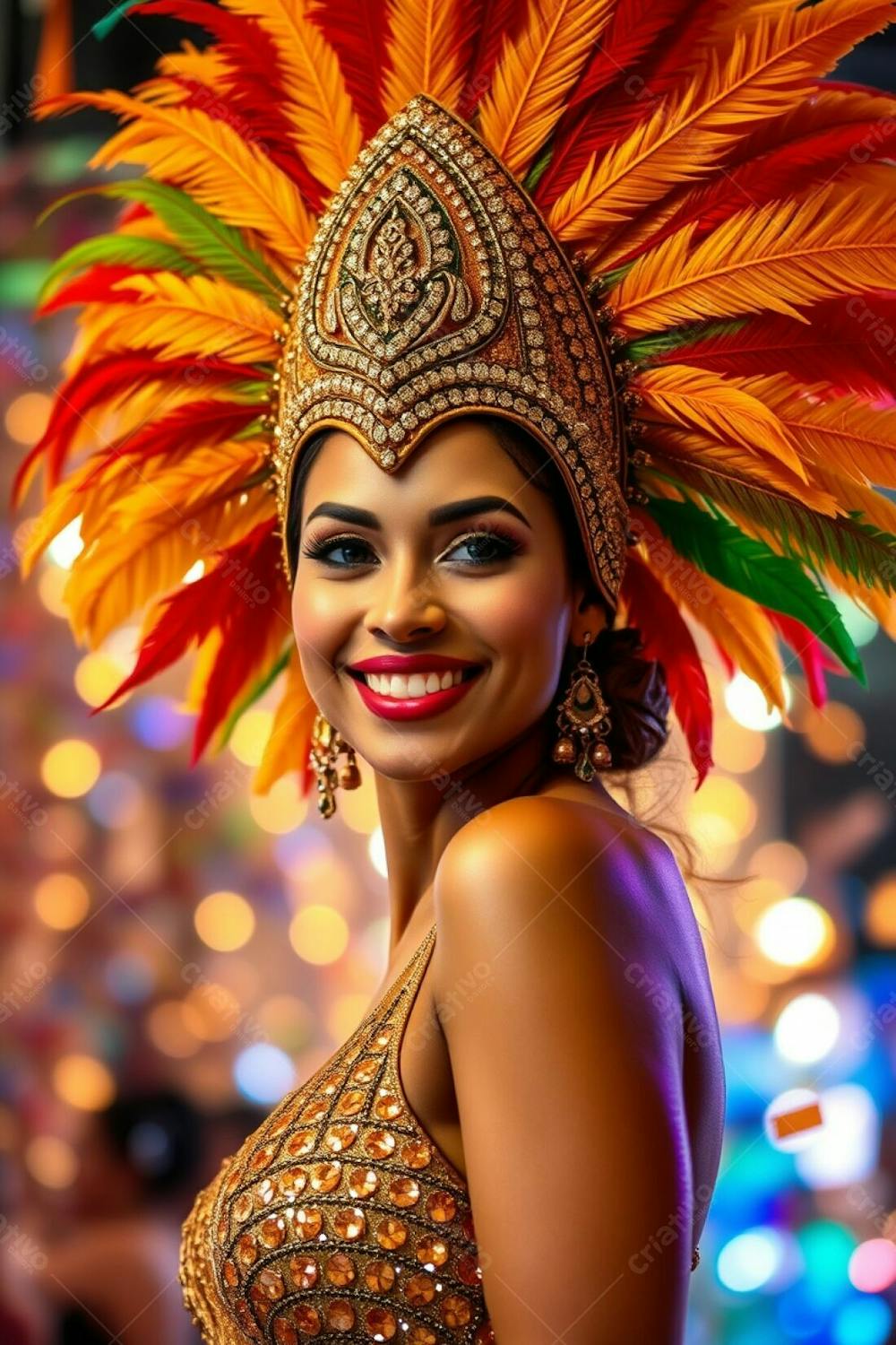 High Resolution Stock Photo A Vibrant Image Of A Woman With Graceful, Elegant Features And Light Brown Skin, Joyfully Celebrating Carnaval. Her Elaborate Costume Includes A Dazzling Feathered Headdress In Shades Of Gold, Red,