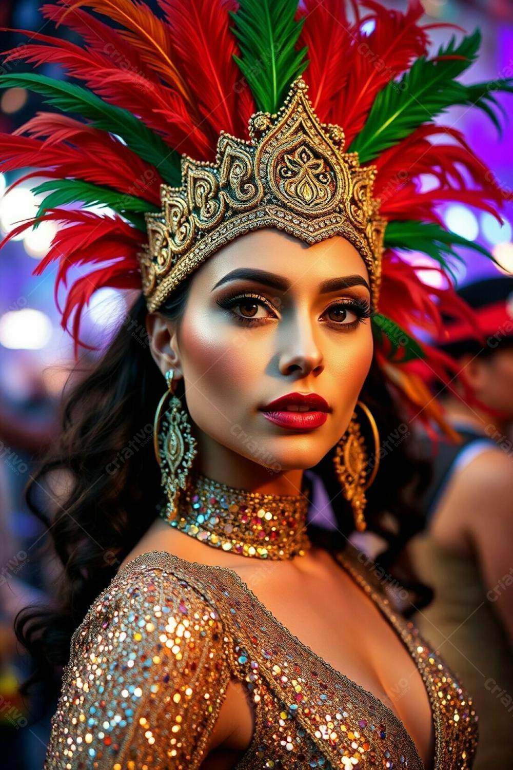 High Resolution Stock Photo A Vibrant Image Of A Woman With Refined Features Celebrating Carnaval. Her Elaborate Costume Includes A Gold, Red, And Green Feathered Headdress And A Glittering Sequined Outfit. Confident Pose, Bl