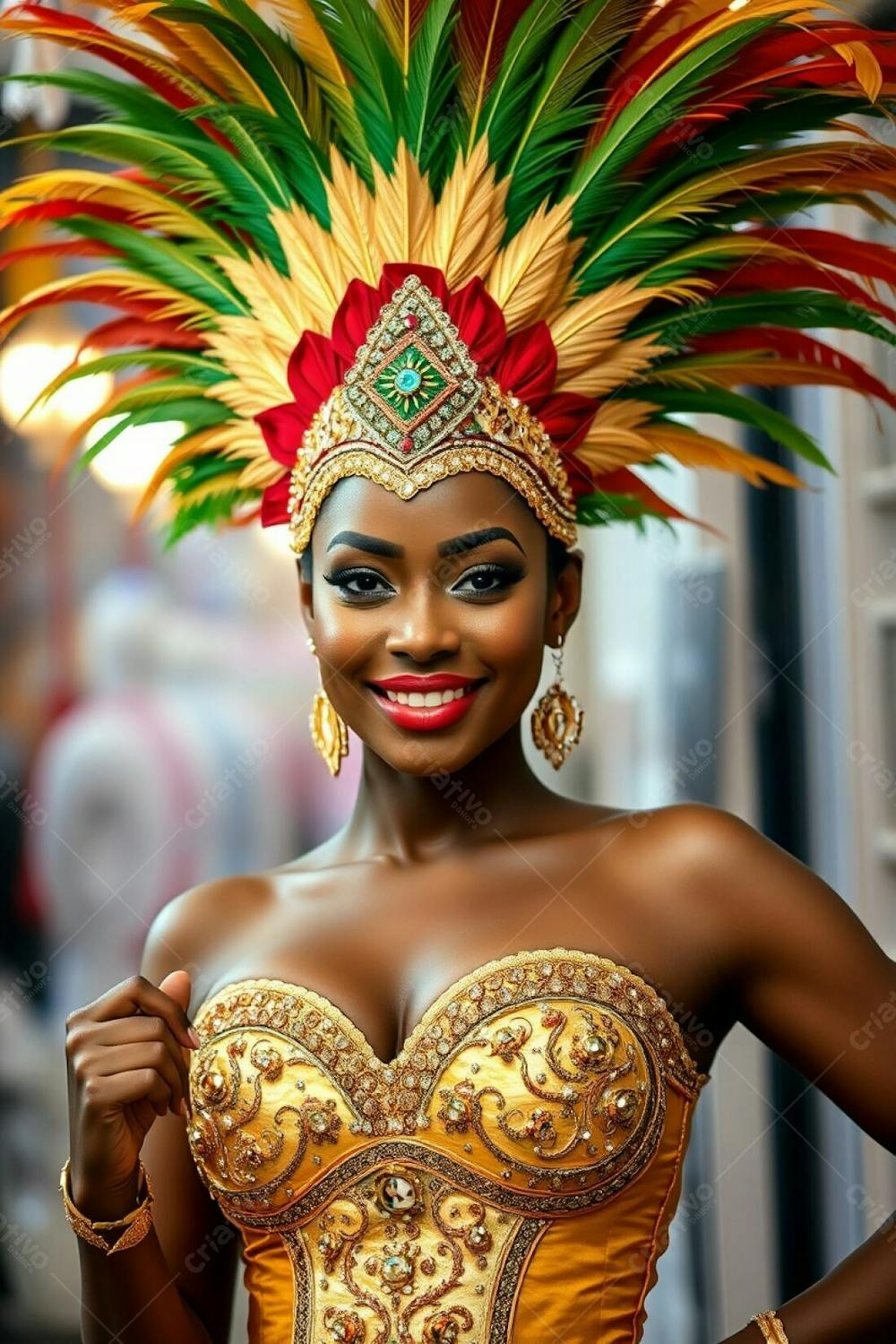 High Resolution Stock Photo A Woman With Dark Brown Skin And Refined Facial Features, Dressed In A Vibrant Carnaval Costume. The Costume Features A Large Feathered Headdress In Gold, Red, And Green And A Glittering Sequined B