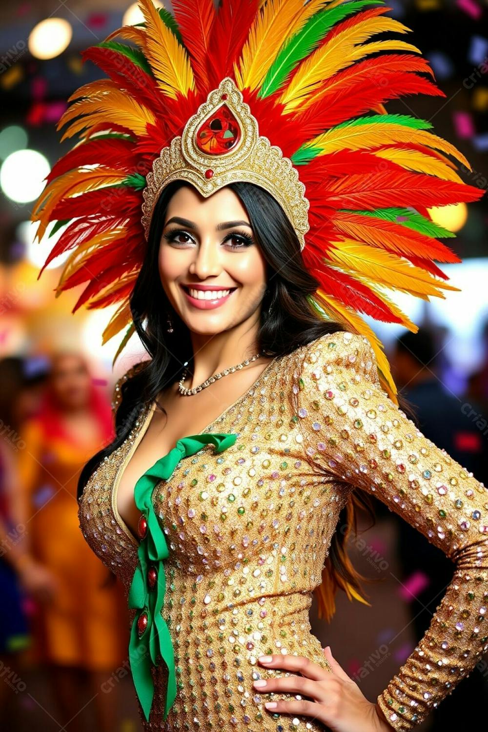 High Resolution Stock Photo A Woman With Elegant Features And A Radiant Smile, Dressed In A Stunning Carnaval Costume A Gold, Red, And Green Feathered Headdress And A Sparkling Sequined Outfit. Dynamic Pose Against A Blurred B