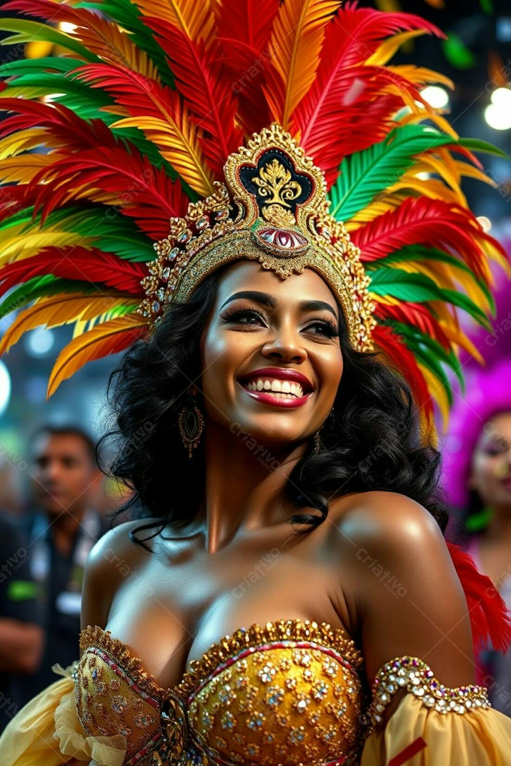 High Resolution Stock Photo A Woman With Elegant Features And Dark Brown Skin Joyfully Celebrates Carnaval. Her Elaborate Costume Includes A Striking Gold, Red, And Green Feathered Headdress And A Shimmering Sequined Outfit.