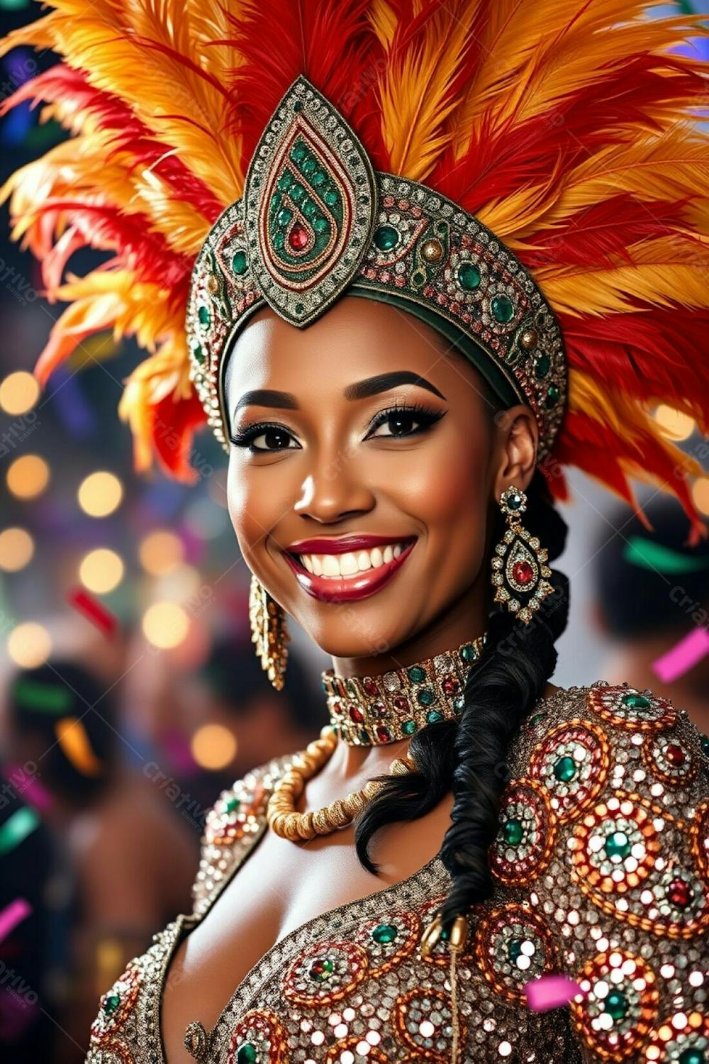 High Resolution Stock Photo A Woman With Elegant Features And Honey Brown Skin Celebrates Carnaval With A Radiant Smile. Her Costume Features A Vibrant Headdress With Gold, Red, And Green Feathers And A Glittering, Intricatel