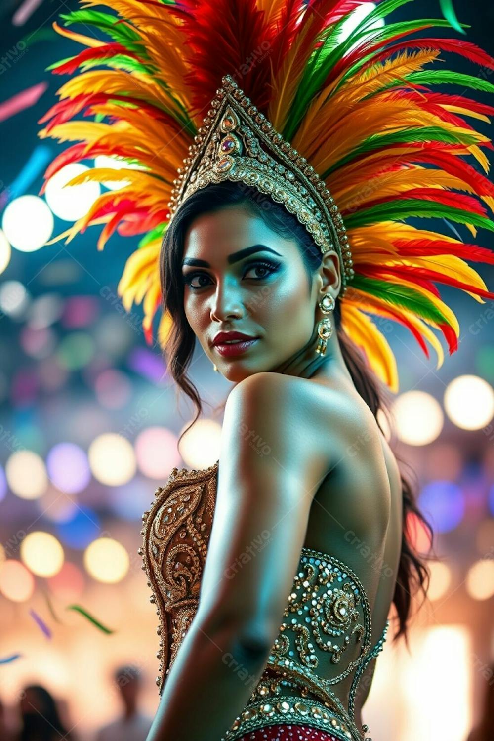 High Resolution Stock Photo A Woman With Elegant Features And Medium Brown Skin Tone, Celebrates Carnaval With A Confident Pose. Her Costume Features A Large, Gold, Red, And Green Feathered Headdress And A Dazzling Sequined Ou