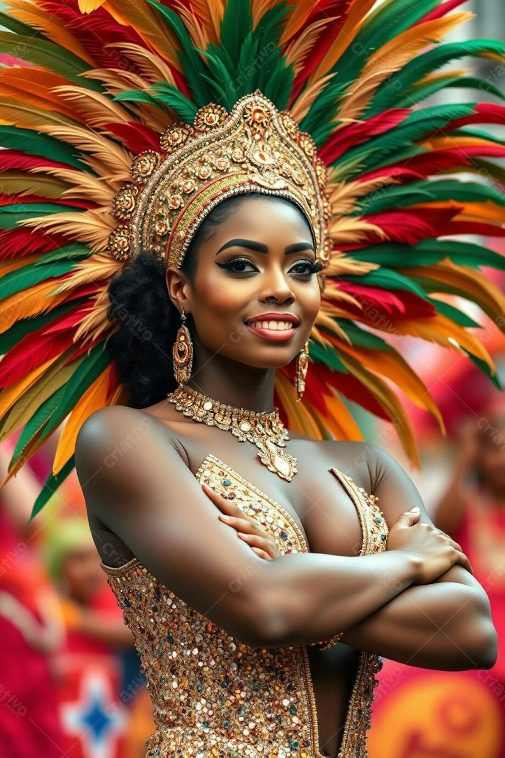 High Resolution Stock Photo A Woman With Graceful Elegance And Refined Features, Dark Skin, Sambas At Carnaval. Her Elaborate Costume Includes A Dazzling Feathered Headdress In Shades Of Gold, Red, And Green, And A Glittering