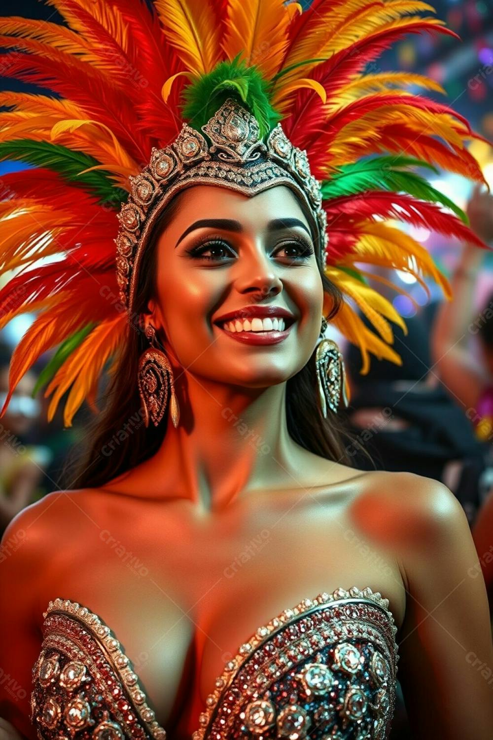 High Resolution Stock Photo A Woman With Graceful Features And Warm Undertones To Her Skin, Exudes Joy During Carnaval. She Wears A Dazzling Feathered Headdress In Gold, Red, And Green, Paired With A Glittering Sequined Costu