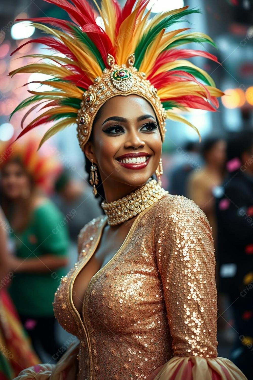 High Resolution Stock Photo A Woman With Light Brown Skin And Refined Features, Gracefully Celebrates Carnaval. Her Costume Consists Of A Stunning Gold, Red, And Green Feathered Headdress And A Shimmering Sequined Outfit With